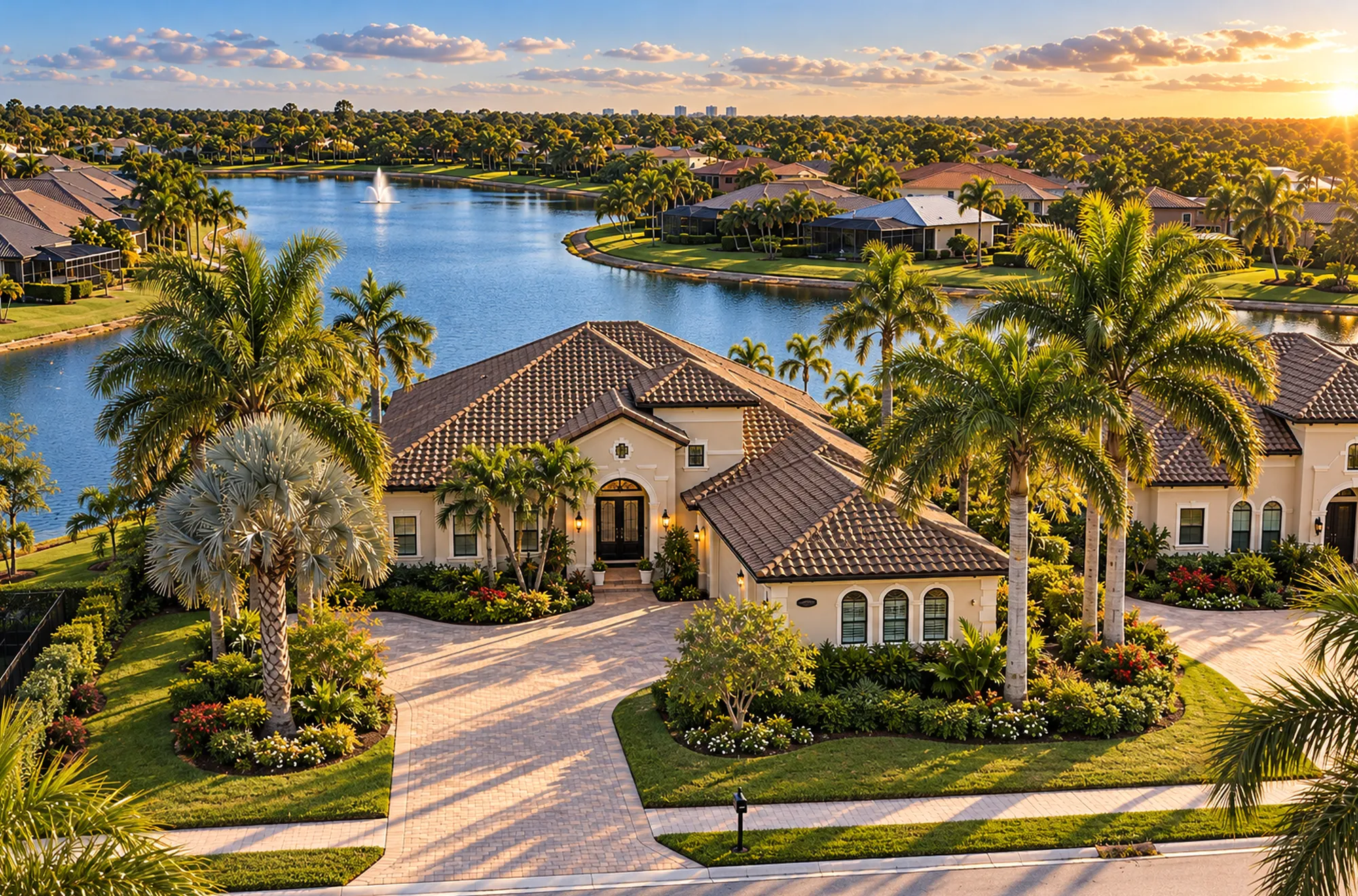 Tile-roof lakefront home with a paver driveway, on a lake with a fountain in a Naples, Florida community at sunset