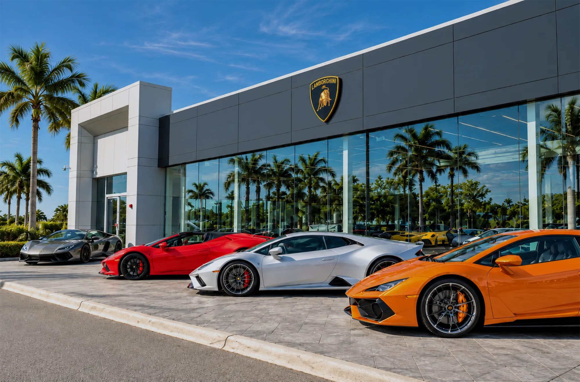Lamborghini Naples showroom with supercars out front on Tamiami Trail East, next door to Isles of Collier Preserve in Naples, Florida
