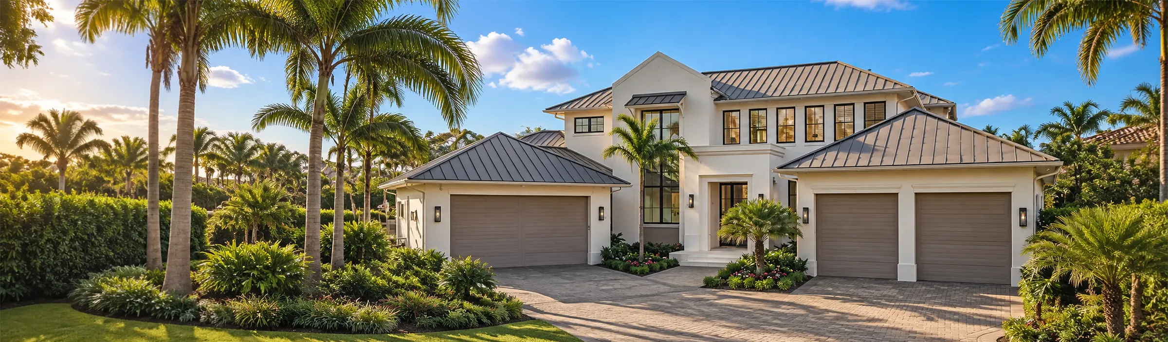 Two-story white luxury house with a standing-seam metal roof, two garages and a paver drive framed by palms in Naples, Florida