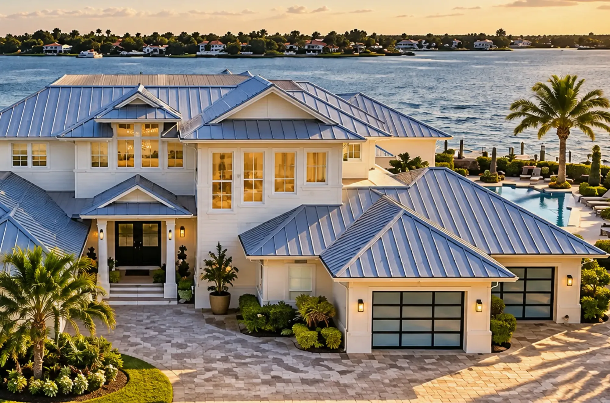 Two-story home with a metal roof, paver motor court and bayside pool on open water in Naples, Florida