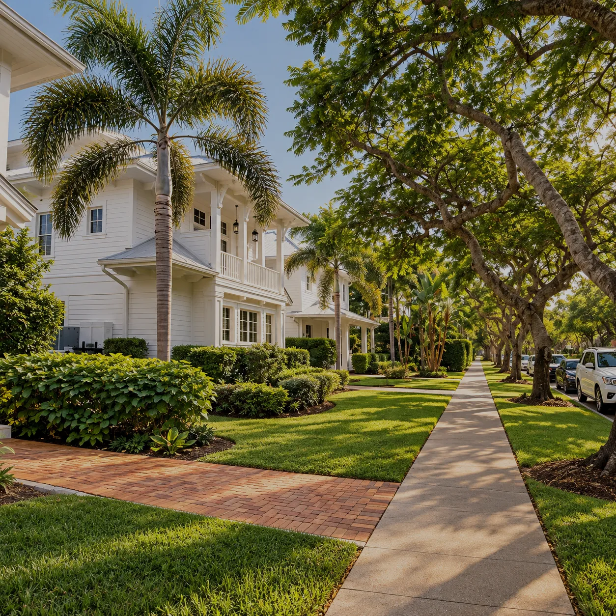 White two-story homes with porches on a shaded Old Naples street, a short walk from Fifth Avenue South in Naples, Florida