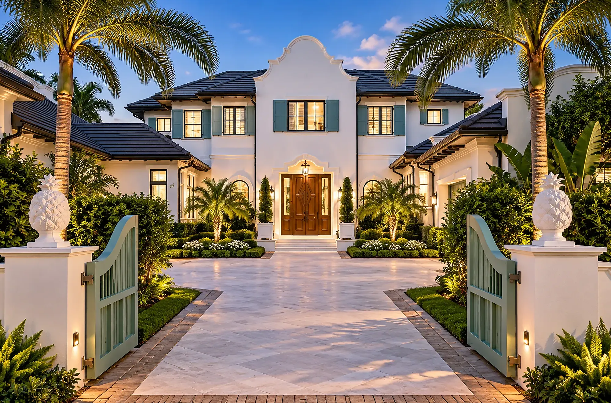 Gated motor court with pineapple-topped pillars leading to a white two-story luxury home with shutters in Port Royal, Naples, Florida