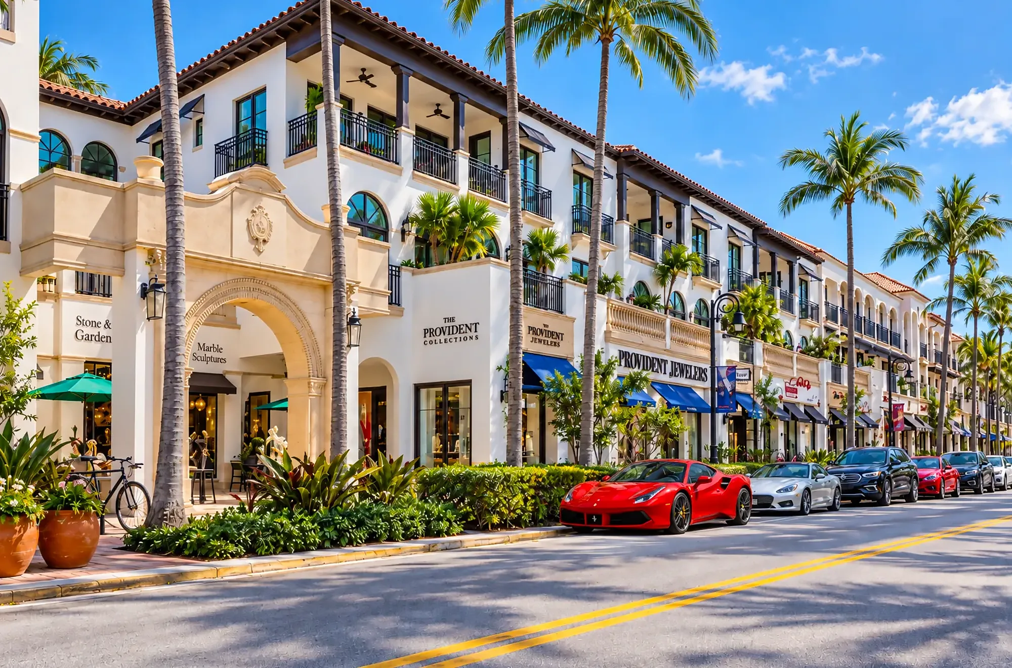 Mediterranean-style boutiques, galleries and jewelers along a palm-lined street, a short drive from Royal Harbor in downtown Naples, Florida