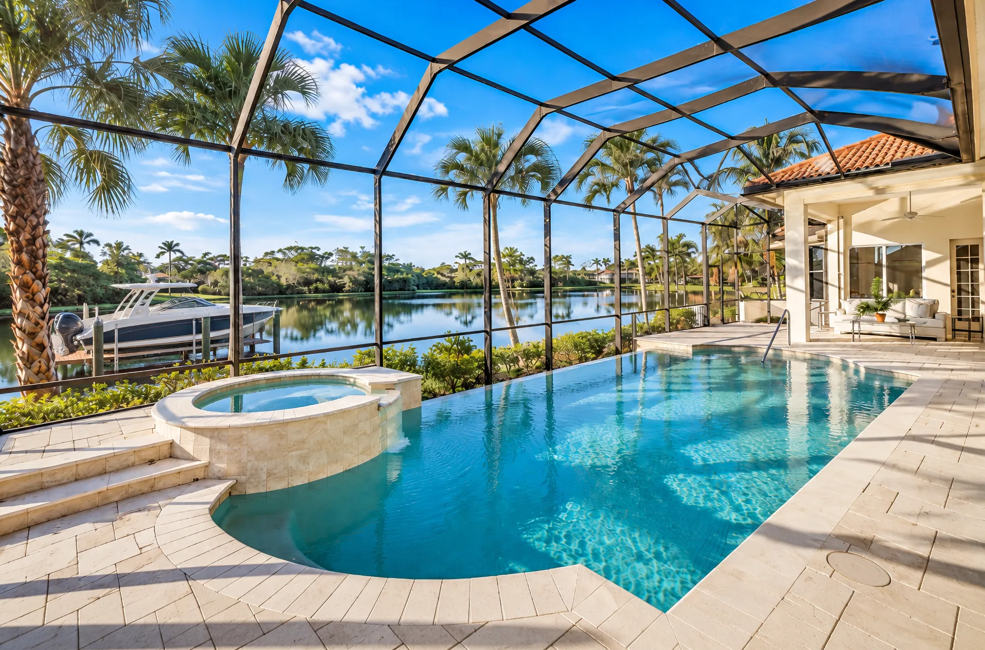 Screened pool and spa beside a boat on its lift, the kind of dockside home with direct Gulf access Naples buyers can find below $2 million